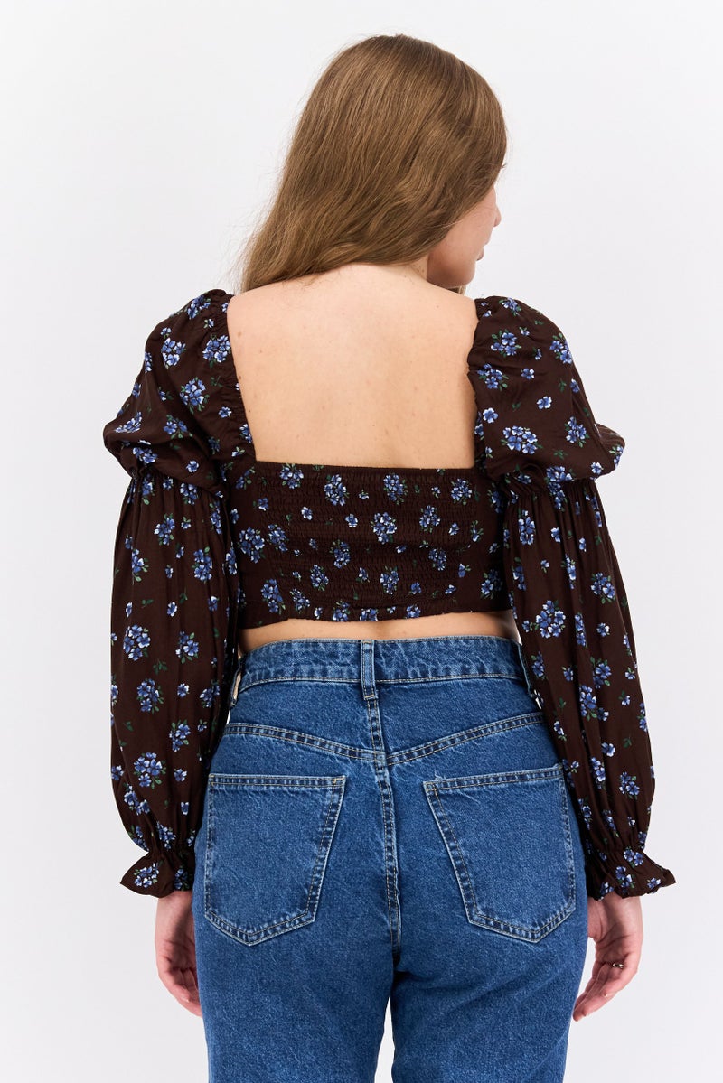 MONKI Women Square Neck Long Sleeve Floral Print Crop Top, Brown - Image 3