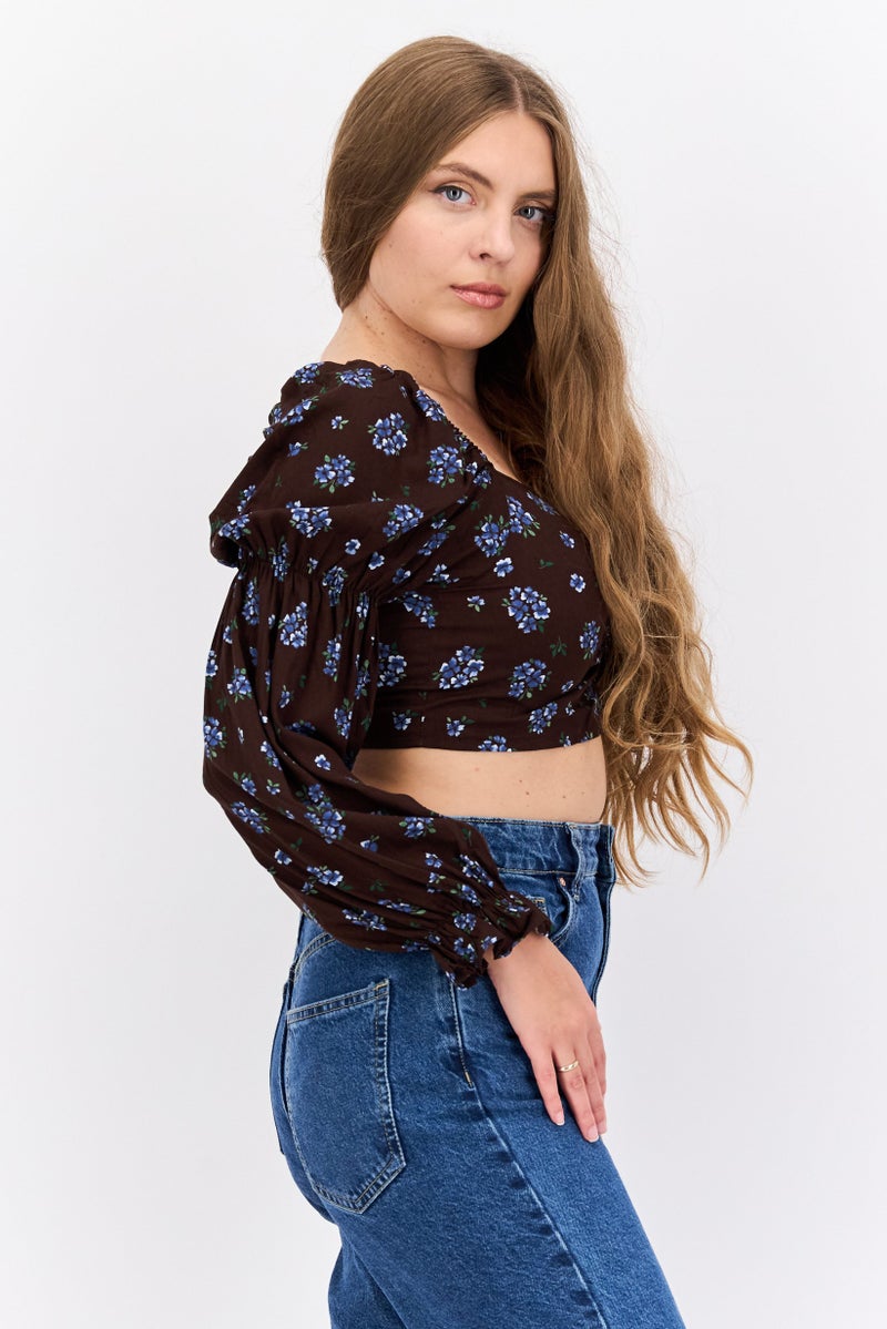 MONKI Women Square Neck Long Sleeve Floral Print Crop Top, Brown - Image 2