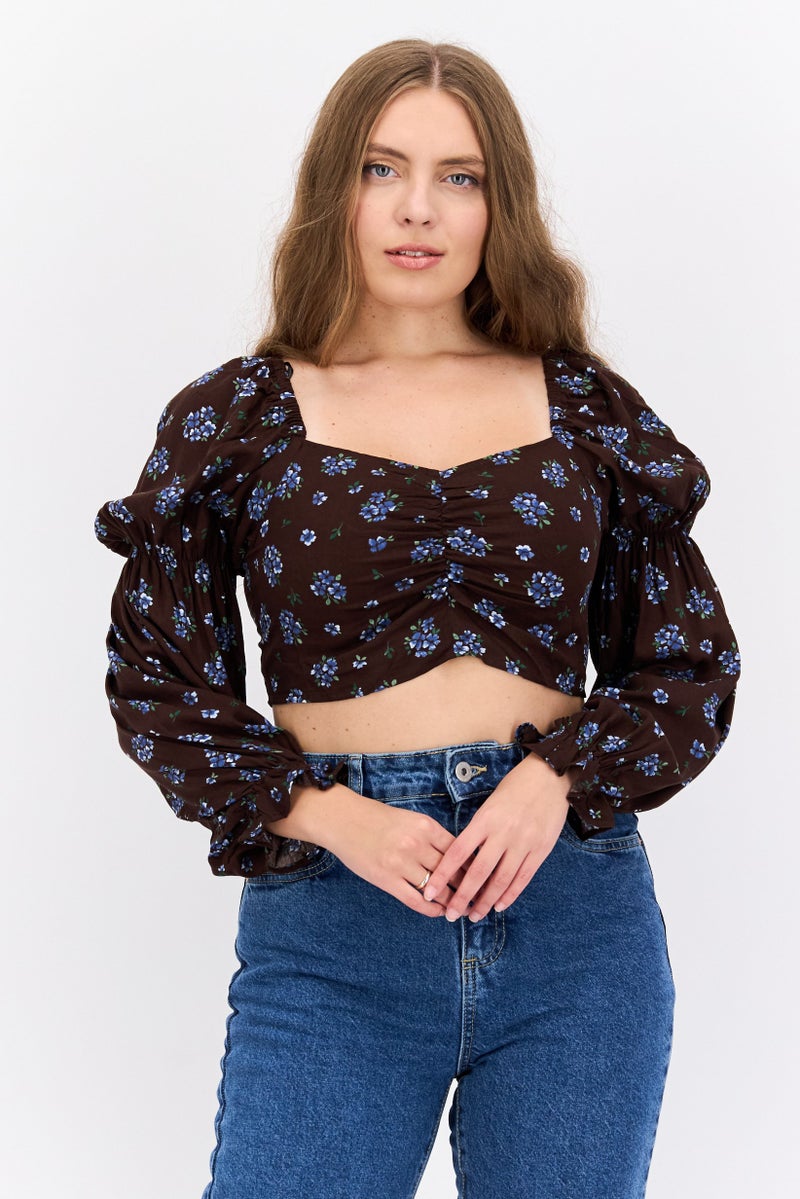 MONKI Women Square Neck Long Sleeve Floral Print Crop Top, Brown - Image 1