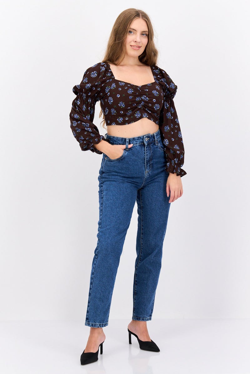 MONKI Women Square Neck Long Sleeve Floral Print Crop Top, Brown - Image 4