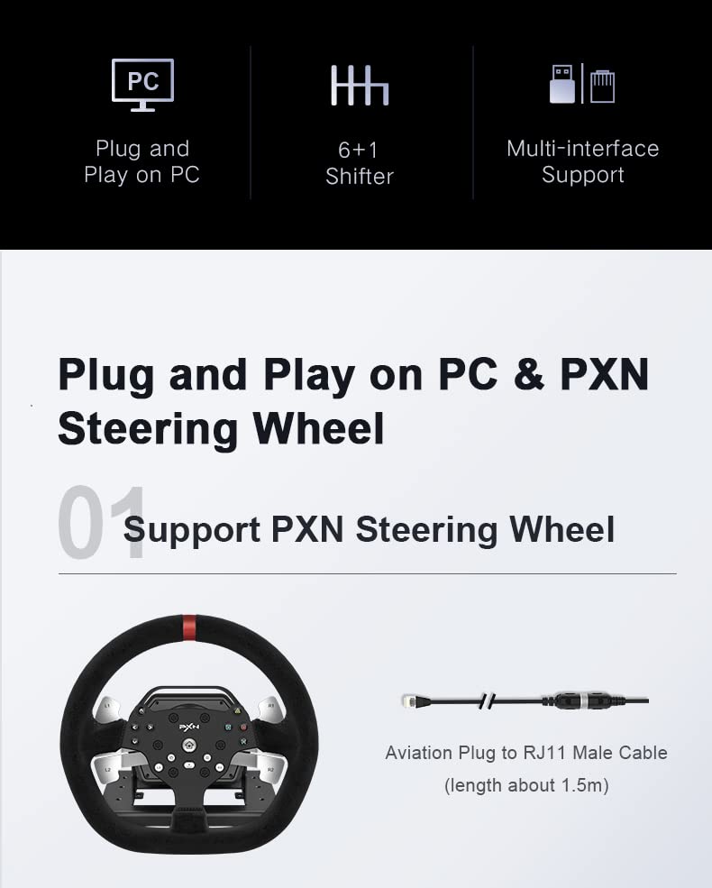 PXN A7 Gear Shifter PC USB Simulator Shifter with Handbrake Button and Shift Button for High Low Gear Universal 61 Shifter Includes DINUSB DINRJ11 DINDIN cables Shifter Compatible V10 V12 Lite Racing Wheels for PC - Image 3