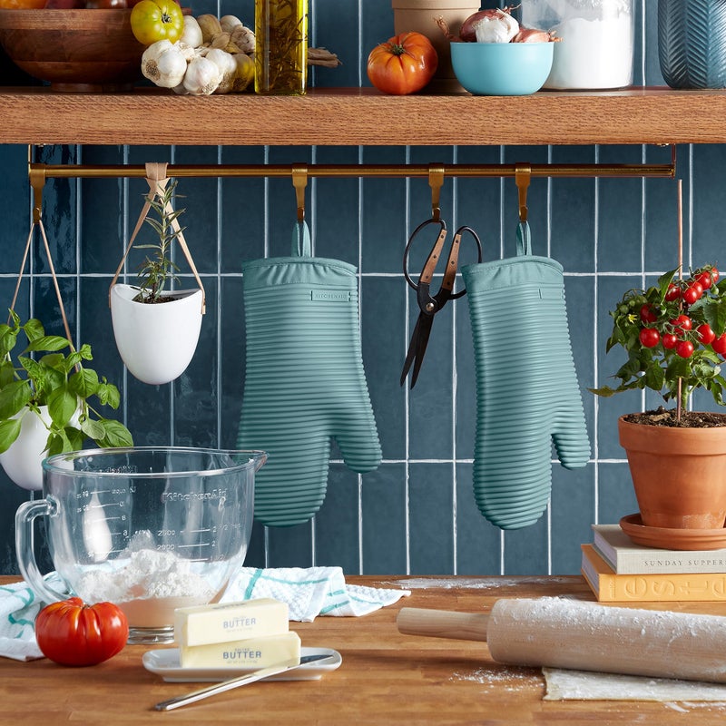 KitchenAid Ribbed Soft Silicone Oven Mitt 2-Pack Set  Mineral Water Aqua  7.5""x13"" - Image 2