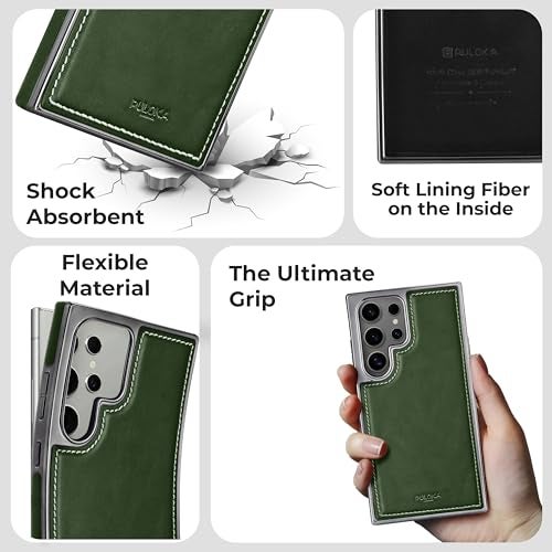 PULOKA Chrome Leather Back Case - Compatible with Samsung Galaxy S25 Ultra - Luxury Bumper Case - Flexible Vegan Leather - Electroplated Sides - Full Camera Protetection & Raised Edges - Green - Image 4