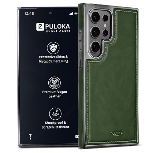 PULOKA Chrome Leather Back Case - Compatible with Samsung Galaxy S25 Ultra - Luxury Bumper Case - Flexible Vegan Leather - Electroplated Sides - Full Camera Protetection & Raised Edges - Green - Image 1