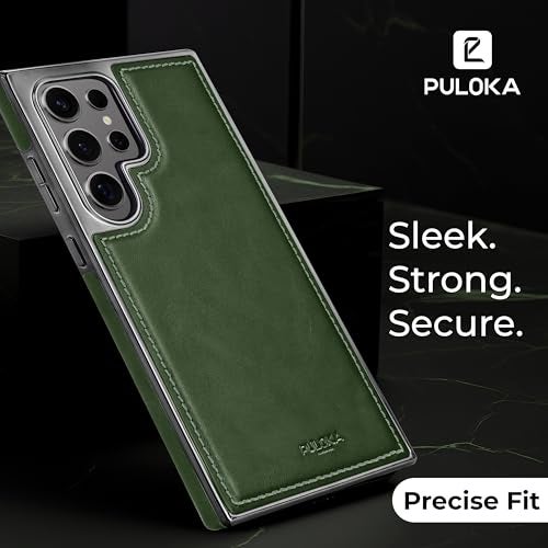 PULOKA Chrome Leather Back Case - Compatible with Samsung Galaxy S25 Ultra - Luxury Bumper Case - Flexible Vegan Leather - Electroplated Sides - Full Camera Protetection & Raised Edges - Green - Image 2