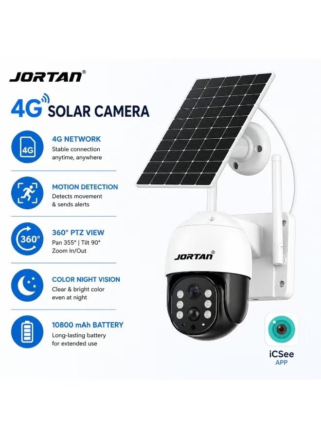 JORTAN 8MP Solar WiFi 4G Outdoor Security Camera | Wireless PTZ CCTV Camera with 360° Pan Tilt Motion Detection 2-Way Audio Color Night Vision IP66 Waterproof 10800mAh Battery for Home Farm Garage Outdoor Surveillance - Image 1
