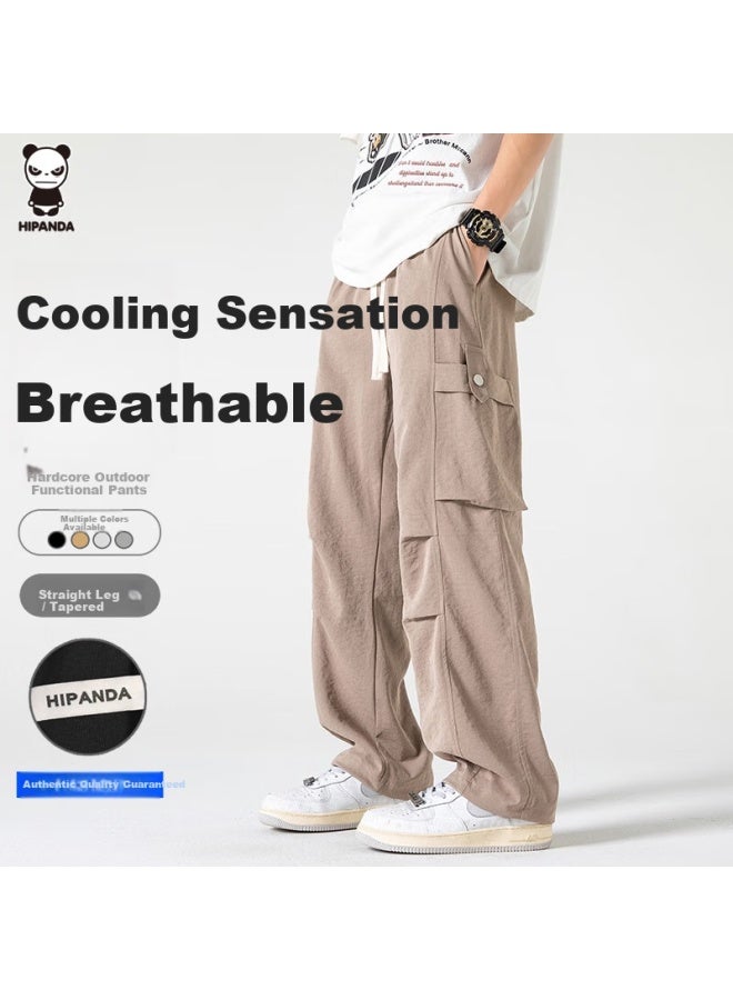 Hipanda Men's Casual Pants, Autumn Ice Silk Quick-dry Versatile Straight-leg Functional Sports Tactical Cargo Pants, Dark Khaki, Size L - Image 1