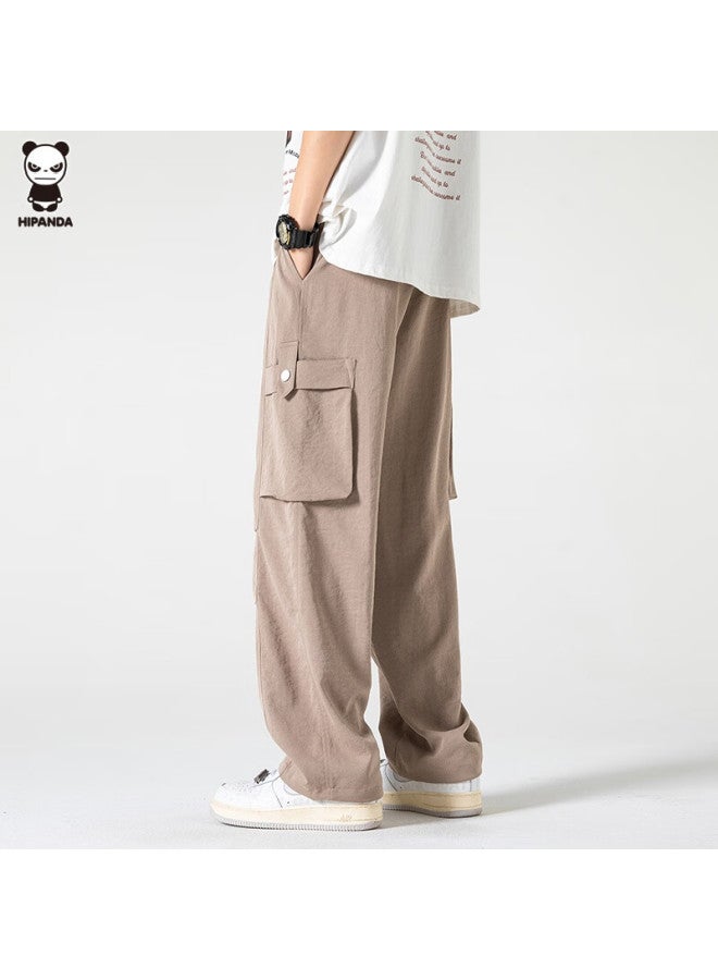 Hipanda Men's Casual Pants, Autumn Ice Silk Quick-dry Versatile Straight-leg Functional Sports Tactical Cargo Pants, Dark Khaki, Size L - Image 5