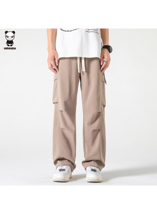 Hipanda Men's Casual Pants, Autumn Ice Silk Quick-dry Versatile Straight-leg Functional Sports Tactical Cargo Pants, Dark Khaki, Size L - Image 3