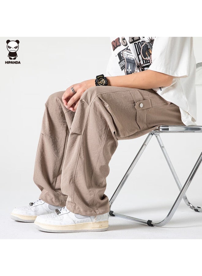 Hipanda Men's Casual Pants, Autumn Ice Silk Quick-dry Versatile Straight-leg Functional Sports Tactical Cargo Pants, Dark Khaki, Size L - Image 4