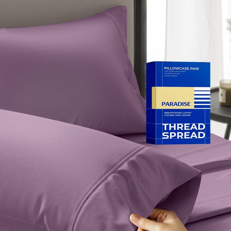 THREAD SPREAD سبريد الخيط 100% قطن مصري أغطية وسائد مقاس كوين مجموعة من 2 - سلسلة الفاخرة 1000 مجموعة الجنة أغطية وسائد كوين (برقوقي)، ناعمة، مبردة، نسيج ساتان فندقي أغطية وسائد قطنية مصرية - Image 1