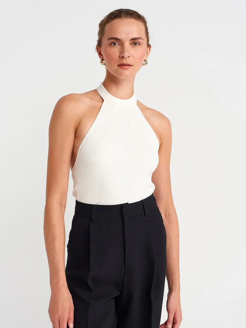 ديلفين DILVIN Ribbed Halterneck Slim-fit Blouse