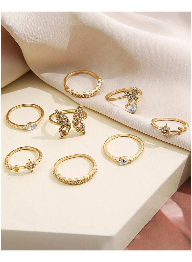 Huitich Gold Butterfly & Crystal Ring Set 8 Pcs Elegant Jewelry  - Image 3