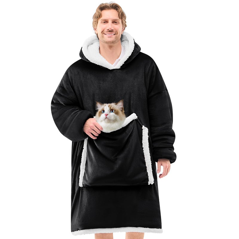 JOYWOO Black Wearable Blanket Hoodie,Oversized Cat Lovers Sweatshirt Blanket for Adult,Birthday Gifts for Men,Father,Boy,Cozy Fuzzy Sherpa Hooded Blanket with Giant Pocket and Winter Gifts,Standard - Image 1