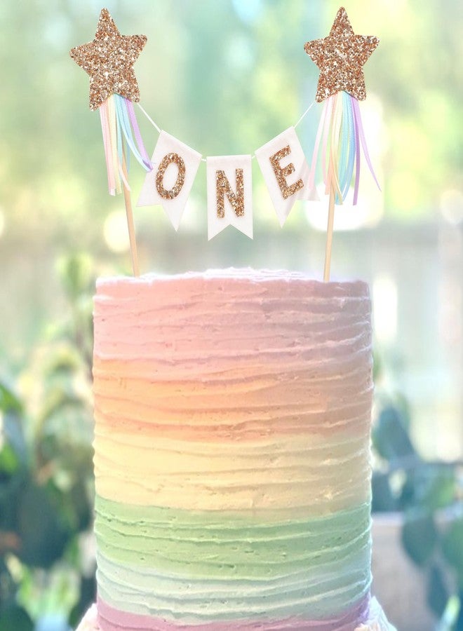 HIKLO Gold Star Rainbow Cake Topper - First Birthday Pastel Rainbow Cake Topper, Shooting Star Cake Pick, Girl 1st Birthday Cake Decoration, Little Princess Cake Smash - Image 3