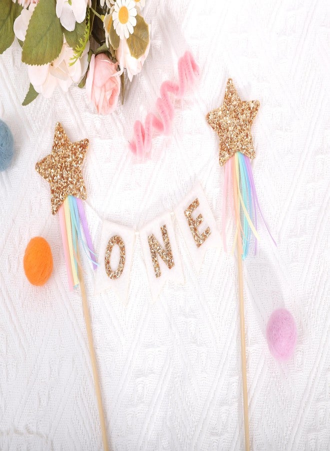 HIKLO Gold Star Rainbow Cake Topper - First Birthday Pastel Rainbow Cake Topper, Shooting Star Cake Pick, Girl 1st Birthday Cake Decoration, Little Princess Cake Smash - Image 5