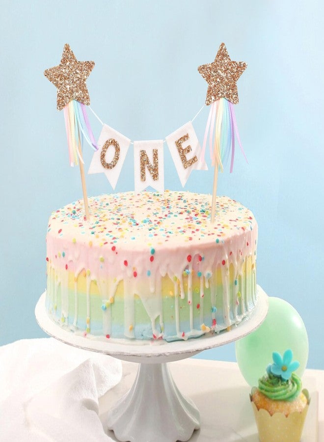 HIKLO Gold Star Rainbow Cake Topper - First Birthday Pastel Rainbow Cake Topper, Shooting Star Cake Pick, Girl 1st Birthday Cake Decoration, Little Princess Cake Smash - Image 1