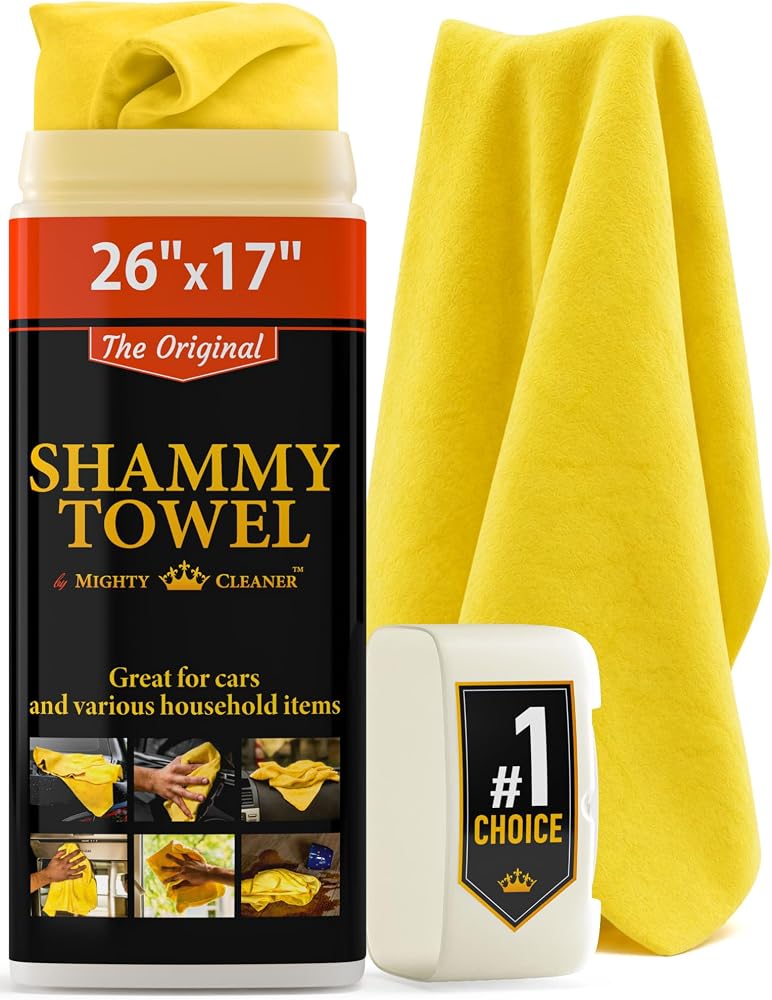 Mighty Cleaner منشفة شامي فاخرة للسيارات - مقاس 26" x 17" - قماش شامي عالي الامتصاص لتنظيف السيارات - منشفة أصلية لتجفيف السيارات - Image 1