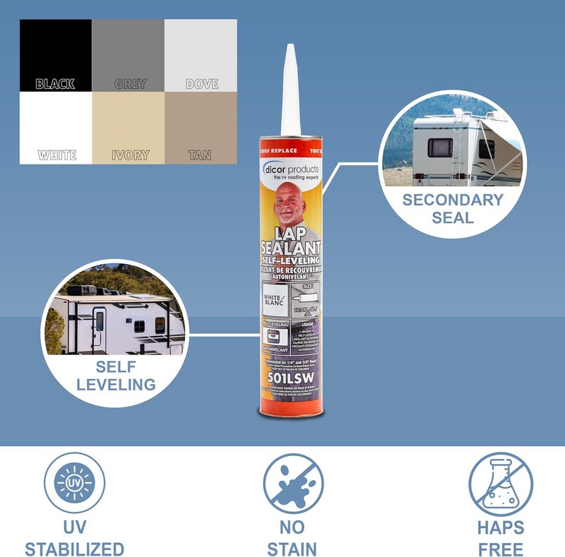 Dicor 501LSW-1 HAPS-Free Self-Leveling Lap Sealant - 10.3 Oz, White for RV Roofing and Maintenance - Image 4