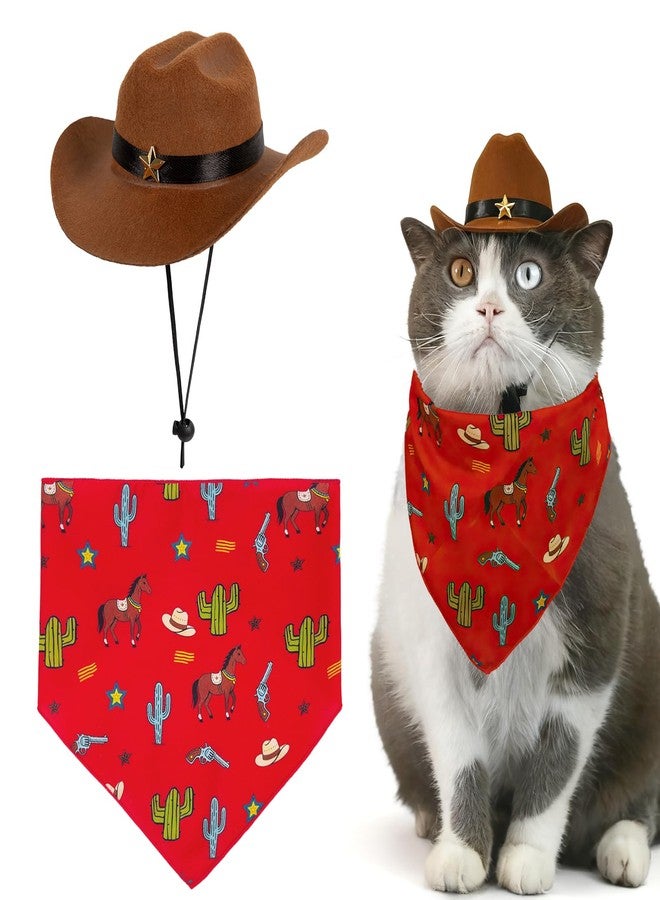 HOWWFALY Pet Cowboy Costume Set Dog Halloween Costumes Cat Cowboy Hat & Bandana Scarf for Small Medium Breeds(Red, Small) - Image 1