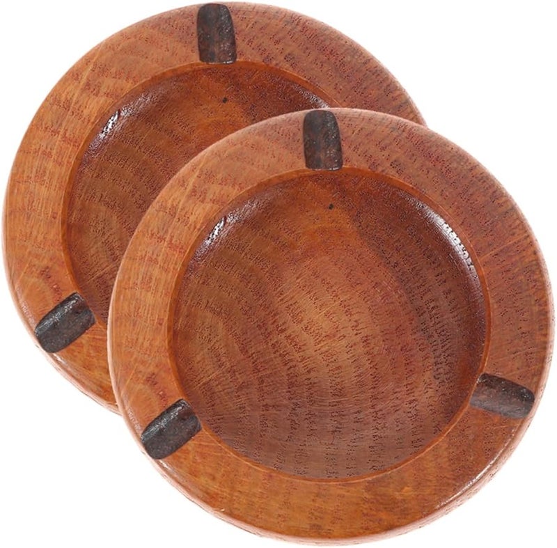 Vintage Wooden Ashtray Set of 2 Round Indoor Cigarette Ash Holder 10x3 5cm Home Office - Image 1