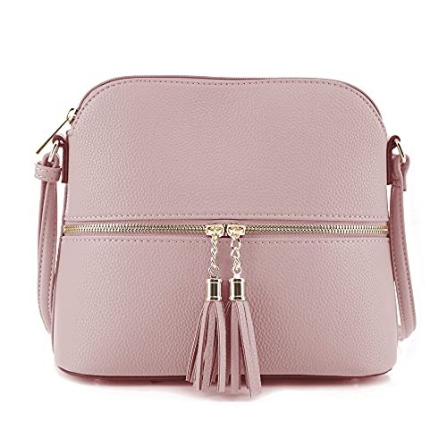 SG SUGU Lunar Lightweight Medium Dome Crossbody Bag Shoulder Bag with Double Tassels | Zipper Pocket | Adjustable Strap|Blush - Image 1