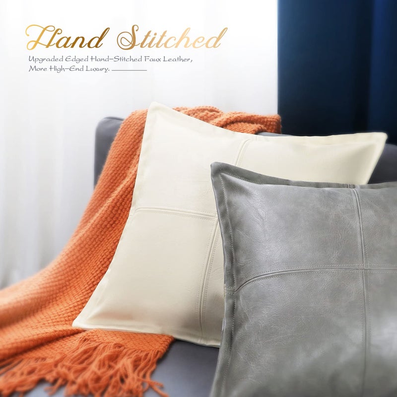 BRAWARM BRAWARM Cream Leather Throw Pillow 18 X 18 Inches  Faux Leather Pillow Cover with Piping  Hand Stitched Leather Decorative Throw Pillow Covers for Couch Sofa Bed Living Room Garden - Image 4