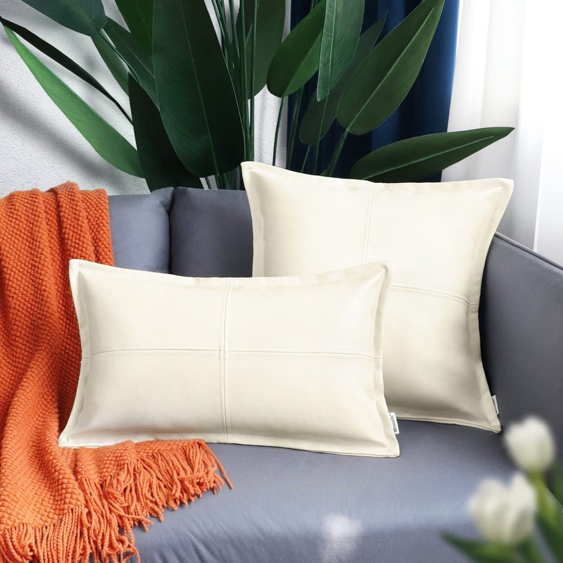 BRAWARM BRAWARM Cream Leather Throw Pillow 18 X 18 Inches  Faux Leather Pillow Cover with Piping  Hand Stitched Leather Decorative Throw Pillow Covers for Couch Sofa Bed Living Room Garden - Image 3