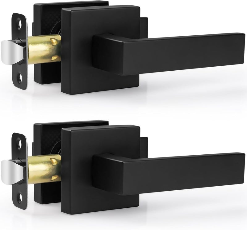 Estmoon 2 Pack Passage Door Levers, Matte Black Door Knobs Interior Square Door Handles, Heavy Duty Non-Locking Leversets Hall Closet Handles, Reversible for Right & Left Sided Doors - Image 1