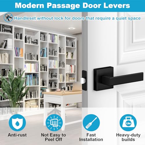 Estmoon 2 Pack Passage Door Levers, Matte Black Door Knobs Interior Square Door Handles, Heavy Duty Non-Locking Leversets Hall Closet Handles, Reversible for Right & Left Sided Doors - Image 4