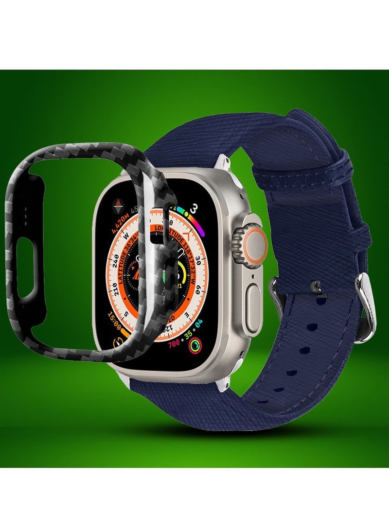 2 Packs For Apple Watch Band 49mm Leather Band Buckle Strap Wristband and Carbon Fiber Cup Holder Royal Blue