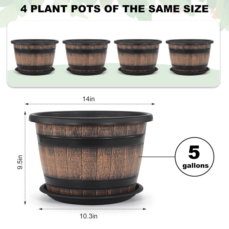Quarut Large Plastic 4 Pack14 inch Plant Pots,Whiskey Barrel Planters with Drainage Holes & Saucer.Flower Pots Imitation Wine Barrel Design for Indoor & Outdoor Garden Balcony Plants.5 Gallons(Brown) - Image 2