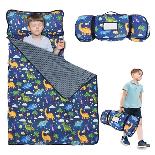 Hooyax Toddler Nap Mat with Pillow Blanket Extra Large Size for Toddlers Age 37 Portable Kids Sleeping Bag for Daycare Preschool Travel Roll Up Design for Kids Dinosaur - Image 1