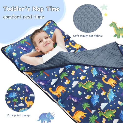 Hooyax Toddler Nap Mat with Pillow Blanket Extra Large Size for Toddlers Age 37 Portable Kids Sleeping Bag for Daycare Preschool Travel Roll Up Design for Kids Dinosaur - Image 3