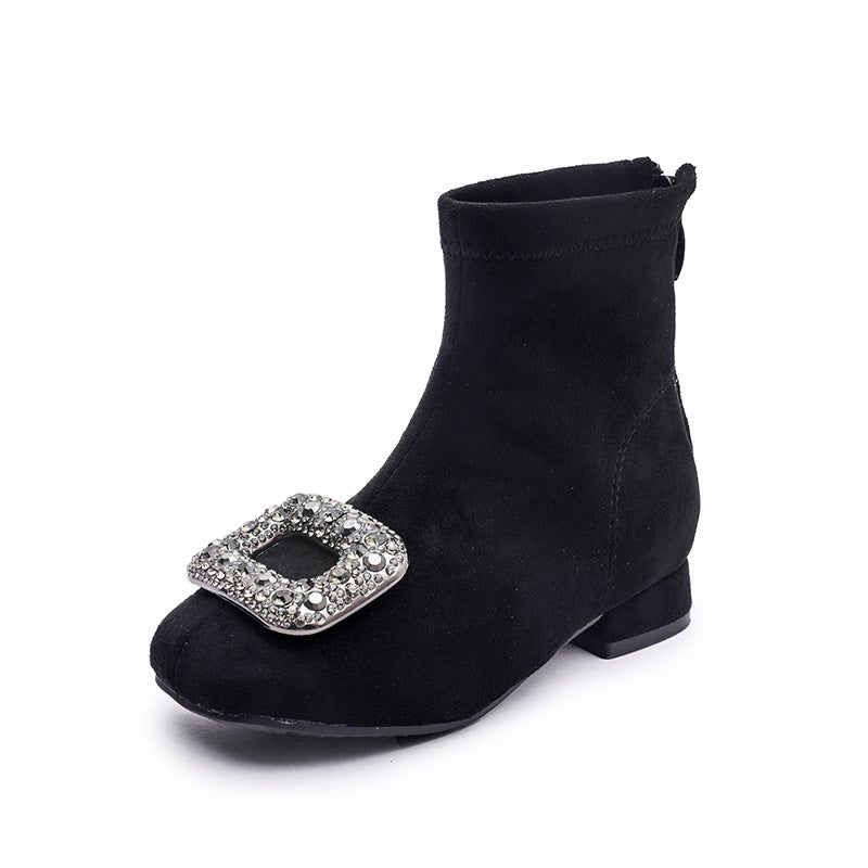 2026 New Style Girls'' High-Heeled Shiny Square-Toe Rhinestone Buckle Short Boots Autumn and Winter Warm and Stylish Suede Fashion Boots - Image 1