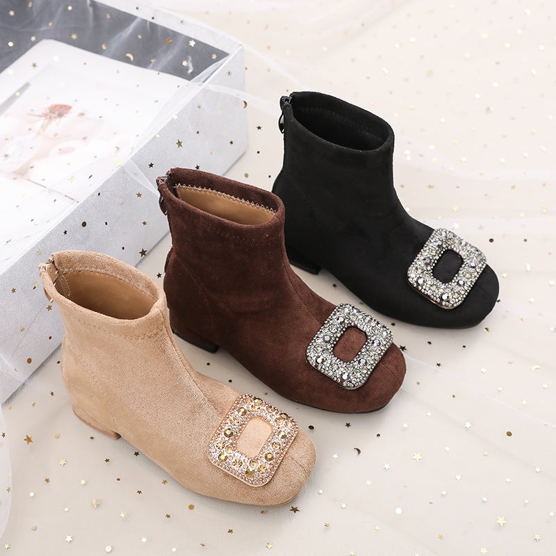 2026 New Style Girls'' High-Heeled Shiny Square-Toe Rhinestone Buckle Short Boots Autumn and Winter Warm and Stylish Suede Fashion Boots - Image 2