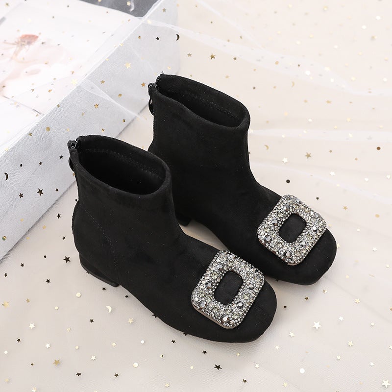 2026 New Style Girls'' High-Heeled Shiny Square-Toe Rhinestone Buckle Short Boots Autumn and Winter Warm and Stylish Suede Fashion Boots - Image 4