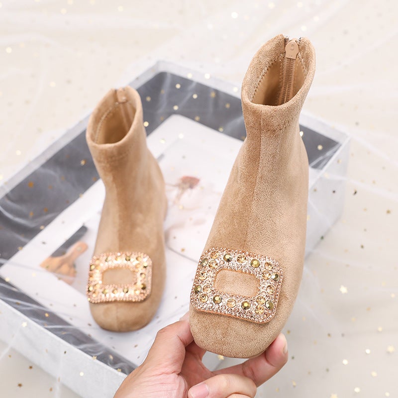 2026 New Style Girls'' High-Heeled Shiny Square-Toe Rhinestone Buckle Short Boots Autumn and Winter Warm and Stylish Suede Fashion Boots - Image 3