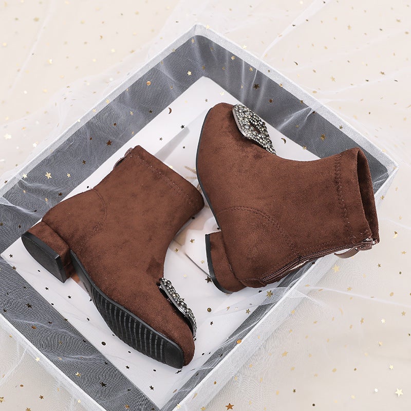2026 New Style Girls'' High-Heeled Shiny Square-Toe Rhinestone Buckle Short Boots Autumn and Winter Warm and Stylish Suede Fashion Boots - Image 5
