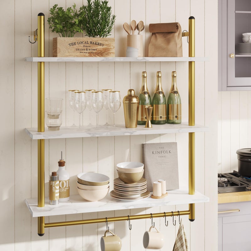 Bestier 31" Industrial Pipe Shelving, Floating Kitchen Wall Shelves 3 Tier Coffee Bar Shelves for Wall with 8 Hooks, Hanging Display Shelf Bookshelf for Living Room Bathroom, White Marble - Image 4