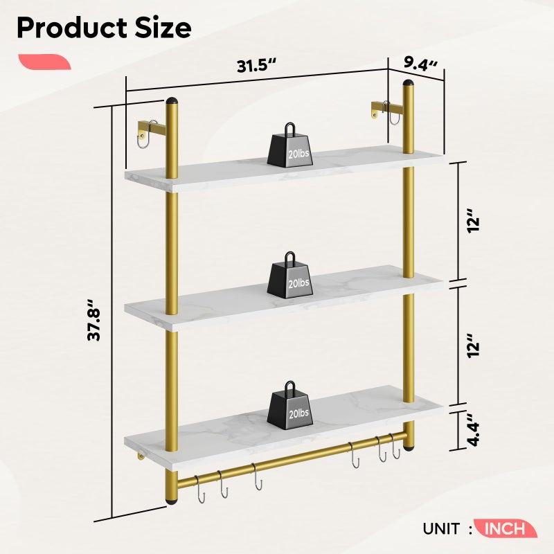 Bestier 31" Industrial Pipe Shelving, Floating Kitchen Wall Shelves 3 Tier Coffee Bar Shelves for Wall with 8 Hooks, Hanging Display Shelf Bookshelf for Living Room Bathroom, White Marble - Image 3