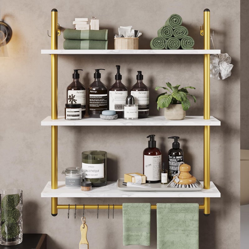 Bestier 31" Industrial Pipe Shelving, Floating Kitchen Wall Shelves 3 Tier Coffee Bar Shelves for Wall with 8 Hooks, Hanging Display Shelf Bookshelf for Living Room Bathroom, White Marble - Image 5
