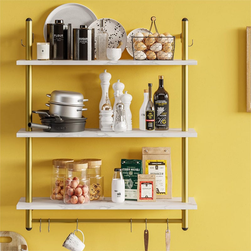 Bestier 31" Industrial Pipe Shelving, Floating Kitchen Wall Shelves 3 Tier Coffee Bar Shelves for Wall with 8 Hooks, Hanging Display Shelf Bookshelf for Living Room Bathroom, White Marble - Image 2