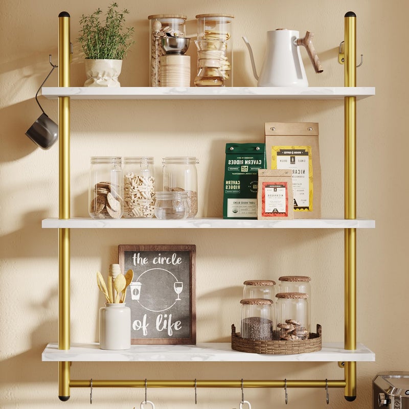 Bestier 31" Industrial Pipe Shelving, Floating Kitchen Wall Shelves 3 Tier Coffee Bar Shelves for Wall with 8 Hooks, Hanging Display Shelf Bookshelf for Living Room Bathroom, White Marble - Image 1