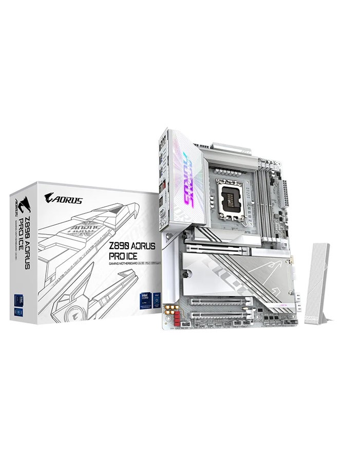 GIGABYTE Z890 AORUS PRO ICE Wi-Fi ATX Motherboard, Intel Z890 Chipset, LGA1851 Socket, 4*DIMM DDR5 256GB Max Memory, 5*M.2, 1*PCIe 5.0*16, 1*5Gbps Ethernet & Wi-Fi 7, Bluetooth v5.4, 1*HDMI, Dual Thunderbolt 4, True AI Infinite Memory Performance | Z890-AORUS-PRO-ICE White - Image 1
