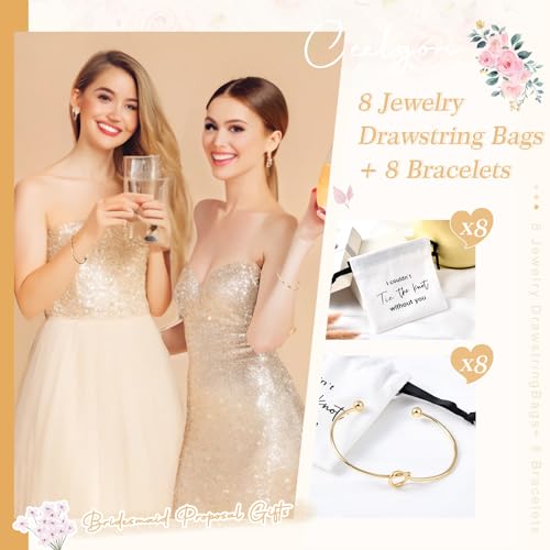 CEELGON 16 Pcs Jewelry Pouch Set of 8 Linen Cotton Small Drawstring Bags & Bridesmaid Knot Bracelet Jewelry Packaging Proposal Gift Bridal Party Favors (Gold) - Image 3