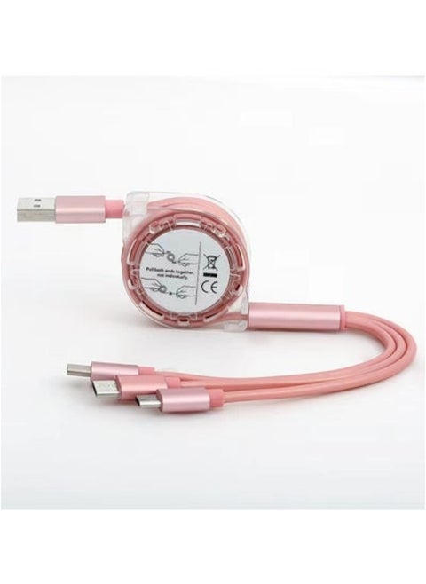 USB Charger Cable Retractable 3 in 1 Multiple Charging Cord Adapter with Mini Type C Micro USB Port Connectors Compatible with Cell Phones Tablets Universal Use (1m/Pink)