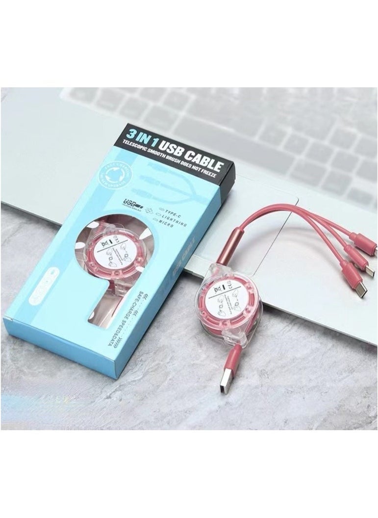 Generic - USB Charger Cable Retractable 3 in 1 Multiple Charging Cord Adapter with Mini Type C Micro USB Port Connectors Compatible with Cell Phones Tablets Universal Use (1m/Pink) - Image 1