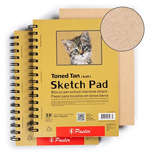 Pasler 5.5X8.5 Toned tan Sketch Pad, 2 Pack,100 Sheets (86lb./128gsm), Spiral Bound Artist Sketch Book, Acid Free Drawing Paper (2 Pack) - Image 1