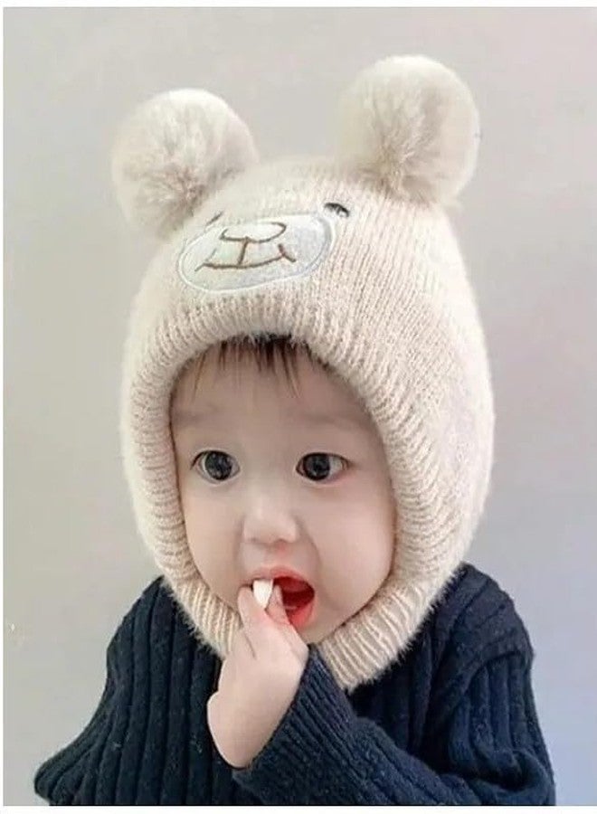 EvoNest Bear Designed Ear Protection Knitted Woolen Cap for 6-12 Month Kids | Winter Warm Soft Knitted Hood Earflap Beanies Hat for Toddlers - Off White - Image 3
